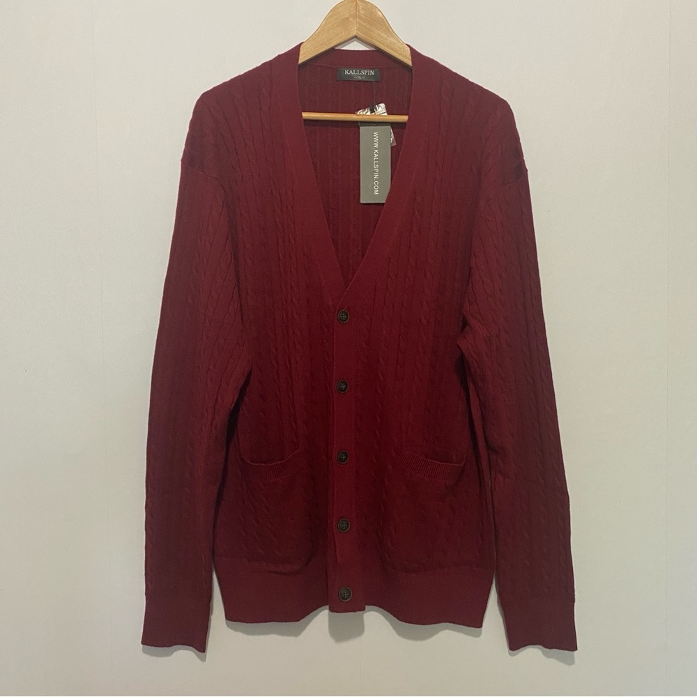 Kallspin Wool Blend Men's Cardigan XL Maroon Cable Knit Button Front Sweater NWT
